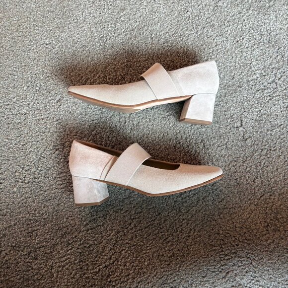 M.Gemi Italian Mary Jane Block Heel 42 Nude Beige Suede & Canvas Made in Italy - Picture 2 of 6